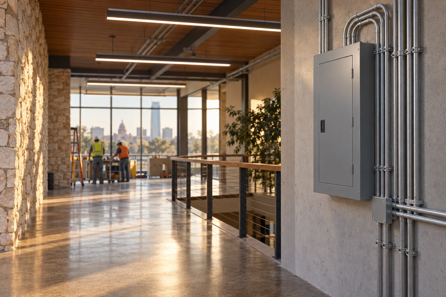 Commercial interior being retrofitted with new electrical and LED lighting (illustrative)